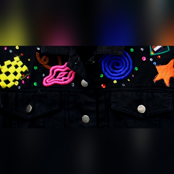 📣 Vintage 90s Carole Little Petites Cropped🌈 Embroidery 🖤 Denim Jacket 8P 😍 - Picture 3 of 6